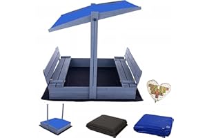 Sunwood Magus Sandkasten Imprägniert mit Dach inkl. Video Anleitung für Montage Sonnenschutz UV-Schutz Sandbox mit Abdeckung mit Sitzbänken mit Plane Sandkiste Holz 120x120 140x140 XL, IMP-2024, Grau