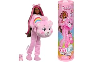 Barbie Cutie Reveal Lalka i akcesoria Seria Troskliwe Misie Zestaw z lalką w kostiumie Misi Wesołe Serce i z 10 niespodziankami, w tym zmianą koloru i minimisiem, JCN95