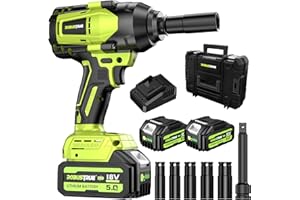 Robustrue 1200N.m(885ft-lbs) Cordless Impact Wrench 1/2 Inch, High Torque Brushless Impact Gun, 2 x5.0Ah Battery & Fast Charger & 5 Sockets, Electric Impact Wrench for Heavy Duty RV Truck and Industry