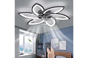 YUNZI Sourdine Ventilateur de Plafond avec lumière avec télécommande, LED Dimmable Lampe de Plafond Moderne Ventilateur de Plafond pour Salon Chambre à Coucher, Réglable 6 Vitesses, Noir 78CM