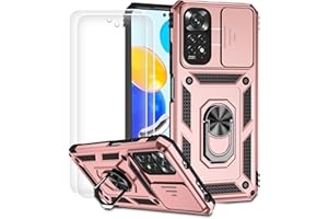 Dechyi Funda para Xiaomi Redmi Note 11S 4G/Redmi Note 11 4G y 2 Piezas Vidrio Templado Cubierta de Cámara Deslizante con Soporte de Anillo Fundas Duradero Robusto-Rosado