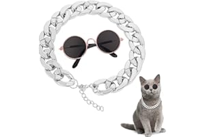 Molain Cat Sunglasses Gold Chain Costume Decorations- Cat UV Protection Classic Retro Puppy Retro Black Sunglasses Faux Silver Adjustable Chain Cosplay Costume Cool Funny Photo Props