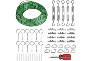 HAOMEEDUO Corde en Acier à Suspendre 30m *3mm Câble Acier Galvanisé Corde à Linge de Rechange avec Clips pour Câble Métallique Tendeur Fil a Linge et Crochets pour Plante Grimpante, Corde à Linge