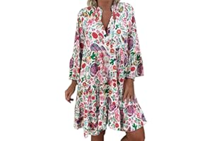 NNGOTD Femmes Coton Lin Chemise Robes boutonnées Col V Robe Tunique Chic Et Elegant Fête Cocktail Mini Shirt Robe sans Manches Imprimé Floral Bohème Grande Taille Pas Cher Mini Jupe De Plage Robe Courte Sexy