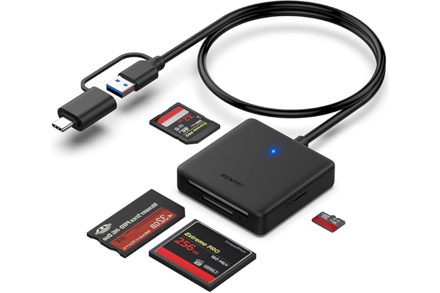 Memory Card Reader, BENFEI 4in1 USB 3.0 and USB-C to SD Micro SD MS CF Card Reader Adapter, 4 Cards Simultaneously Read and Write, Compatible with iPhone 15 series, MacBook Pro/Air 2023, and More