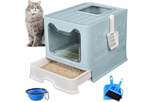 kathson Large Foldable Cat Litter Box with Drawer Enclosed Cat Potty Tray with Lid Top Entry Toilet Anti-Splashing Cat Supplies with Plastic Scoop Easy Clean No Smell Kitty Toilet (Blue)
