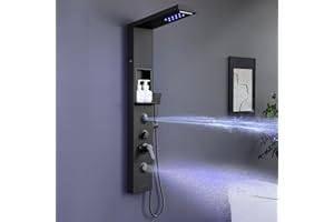 KINKIBOS Tower Shower Panel with Mixer and Shelf, 6-Mode Shower Column LED Rain & Mist Shower, 2 Massage Jets, Handset and Waterfall Bath Spout, Stainless Steel Matte Black