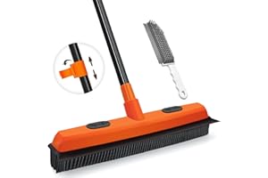 JEHONN Rubber Broom with Squeegee, Pet Hair Remover 134 cm Long Handle, Push Fur Removal Tool with Portable Detailing Lint Brush for Fluff Carpet, Window, Tile, Hardwood Floor Cleaning (Orange)