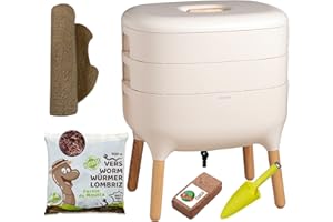 WORMBOX Moutta I Urbalive 2 Bandejas Marfil, Kit Completo I Diseño Vermicompostaje I 250g lombrices / 500 uds. I Sustrato Inicial I Estera de cáñamo + Pala I Interior, balcón y jardín