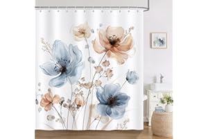 Bonhause Akwarela kwiatowa zasłona prysznicowa, jasnobrązowy niebieski dziki kwiat zasłona łazienkowa 180 x 180 cm wodoodporna odporna na pleśń i pleśń tkanina poliestrowa zasłona łazienkowa z 12