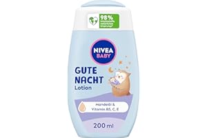 ‎NIVEA NIVEA Baby Gute Nacht Lotion, Bodylotion pflegt zarte Babyhaut mit Mandelöl, Vitamin E, C und B5, vegane Babylotion mit hypoallergener Formel ohne Parabene und Mikroplastik (200 ml)