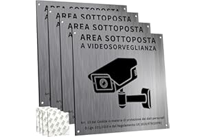 SPINNE LUCAS Cartello Area Videosorvegliata Alluminio Spazzolato con Avviso GDPR, 4 Pezzi Cartello Videosorveglianza, 15x15cm, Fori Preforati, Impermeabile, per Casa e Negozio, Interno ed Esterno