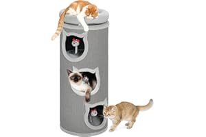 PawHut Kratztonne 96 cm Hoch Ø 38 cm dreistöckige Katzentonne mit Plüschrand, abnehmbarem und waschbarem Plüschbett, Katzenhöhle, Kratzbaum für Katzen unter 6 kg, Grau