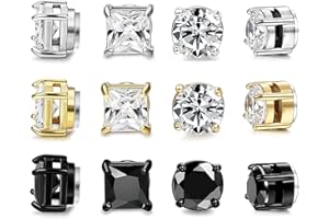 CASSIECA 6 Paires Boucles d'oreilles Magnétique en Acier Inoxydable pour Femme Homme Fille Boucle d Oreille Aimant Sans Trou Boucle d'oreille Clip Non Piercing Zirconium Ronde Clou Argent Or Noir