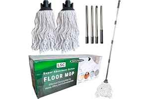 LIFESTYLE COMFORT LTD LSC Cotton Floor Mops Looped String Mop with 120cm Long Stainless Steel Handle Extra Replacement Mop Head Scratch-Free Absorbent Classic for Tile Wood Floor Kitchen Bathroom