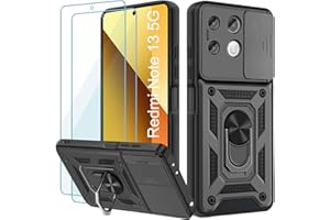 Yohii Funda Xiaomi Redmi Note 13 5G (Non per 4G), con 2 Piezas Vidrio Templado, Cubierta De Cámara Deslizante, 360 Anillo Soporte PC y Silicona TPU Bumper Antigolpes Case, Negro