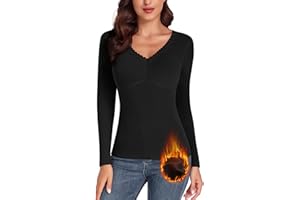 WOWENY Damen Oberteil Thermo Langarm Winter Langarmshirts Thermohemd mit Spitze V-Ausschnitt Warme Unterhemd Elegant Shirt Tshirts,