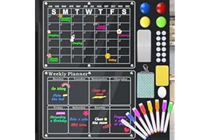 VZOXL Magnetic Fridge Calendar Clear Acrylic,2024 Reusable Acrylic Fridge Planner with 15.7" x 11.8" Monthly & Weekly Calendar, 8 Dry Erase Markers, Magnetic Pen Holder,4 Fridge Stickers,Towel,Eraser.