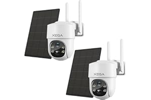 Xega【2 Pièces】Camera Surveillance Wi-Fi Exterieure Sans Fil Solaire, HD PTZ IP Caméra inclinable à 355°/90°, Vision Nocturne, Détection de Mouvement, Sirène et Alarme LED, Alerte instantanée, Cloud/SD