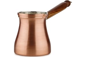 DEMMEX - Cafetera turca de cobre cepillado sólido Cezve Ibrik Briki, cafetera griega árabe para estufa, mango de madera y forro de estaño, 100% hecha a mano (cobre, 450 ml/5-6 unidades)