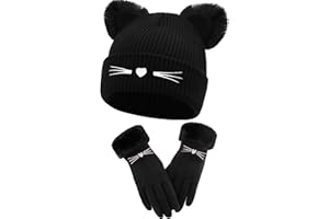 Geyoga Berretto Invernale da Donna con Orecchie di Gatto e Caldi Guanti Cappello Lavorato a Maglia e Uncinetto Intrecciato e Guanti per Natale e San Valentin