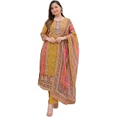 BHARVITA Women's Cotton Printed Sequence Embroidered Work Straight Kurta Dupatta Pant Set