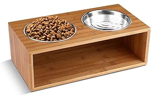 Flexzion Elevated Dog Bowl Stand Raised Dog Bowl Holder Pet Feeding Station Dish Riser 18 Oz 6-Inch Tall Food and Water Platform Stainless Steel Raised Food Bowl for Dogs and Cats with Wooden Stand