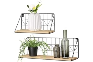 ‎MKOUO Mkouo Schweberegal Modernes Regalbrett Boho Deko Wandregal Holz Aufbewahrungsregale mit Metalldraht Gestelle Display Regal für Badezimmer Schlafzimmer Wohnzimmer Küche gewürzregal, Beige 2er-Set