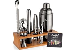 Eocolz Cocktail Shaker Kit, INOX Ensembles de Bar Cocktail Set, 17Pièces Cocktails Ensemble-Cadeau, Shaker à Cocktail Kit Barman avec Cadre en Bois (Marron Noir)