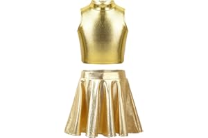 Doomiva Kids Girls Roller Skating Skater Dancing Competitions Mini Skirt Shiny Metallic Athletic Dancewear with Sleeveless Tank Tops