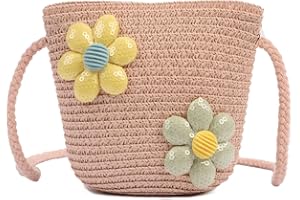 ZERCART Little Girl Shoulder Bag Cute Straw Crossbody Bags Girls Handbags Braided Bag Floral Bags Shoulder Bags Princess Crossbody Bag for Kids Girls Shopping School Travel