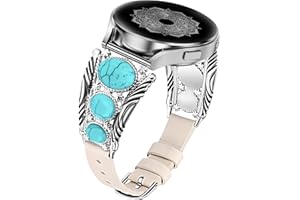 Minyee Leather Strap Compatible with Samsung Galaxy Watch 7/6/5/4/FE/Active 2 40mm 44mm/Watch 6 Classic 43mm/47mm/Watch 5 Pro 45mm Women Western Turquoise Boho Vintage Jewelry 20mm