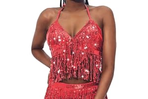 AOHHY Sequin Halter Top Salsa Belly Dance Boho Top Fringe Tassel Top Fit 32A to 36B
