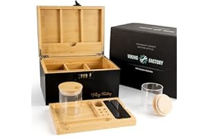 Viking Factory Caja grande de bambú con cerradura de combinación, caja decorativa para el hogar con cierre, bandeja | Tarros de cristal | Herramientas de accesorios(24 * 18 * 14cm Negro)