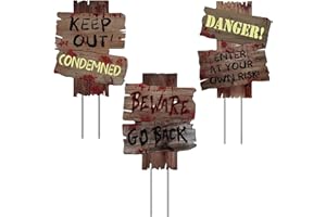 Swiftctrl Set di 3 cartelli decorativi per Halloween, per esterni, con picchetti, decorazione sanguinosa per Halloween, casa e prato, resistente alle intemperie, attenzione, pericolo, accesso vietato