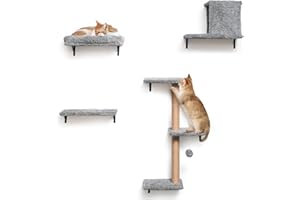 FUKUMARU Mensole da Parete per Gatti, Set 4 in 1 Stabile e Sicuro, Scaffale Arrampicata Rinforzato in Multistrato, Alberi Tiragraffi per Gatti da Parete, Grigio Chiaro