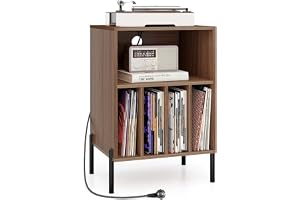 KOMFOTTEU Skivspelarstativ med laddningsstation, vinylskivstativ med 5 öppna fack, presentationshylla, platthållare för upp till 150 album, skrivarbord för kontor, vardagsrum (valnöt)