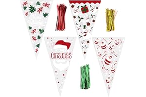 DIYASY 100pcs Christmas Cone Cellophane Bags, Clear Cone Cellophane Candy Treat Bags with 150pcs Twist Tie for Christmas Party Favors