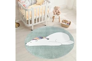 ‎CARPET CITY carpet city Teppich Kinderzimmer Tier-Motiv - Mint-Grün - 160 cm Rund - Kinderteppich Kurzflor Bär mit Schlafmütze - Weicher Flor
