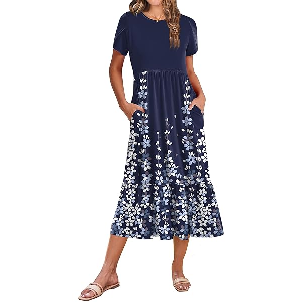 ABINGOO Dames Korte Mouwen Zomerjurk Ronde Hals Midi Jurk Lange Boho Casual Jurk Losse Knielange Jurken Strandjurken Bloemetjesjurk met Zakken(Wit,XL
