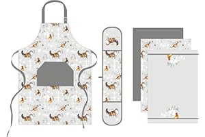 Sterling Sports 5-Piece Kitchen Set Apron, Double Oven Gloves & Tea Towels Set - Quick Dry kitchen Accessories For Baking & Cooking - Perfect Mothers Day Gifts For Baking Lovers