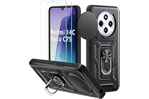 Yohii Funda para Xiaomi Redmi 14C 4G/5G/Redmi A4/Poco c75, con 2 Piezas Vidrio Templado, Armor Carcasa Cubierta Cámara Deslizante, 360 Anillo Soporte PC Silicona TPU Bumper Antigolpes Case, Negro