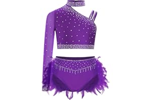 Freebily Abito da Ballo Latino Americano Bambina Completo da Pattinaggio Artistico con Strass Crop Top Danza Moderna Monospalla + Minigonna di Danza Costume Danza Samba