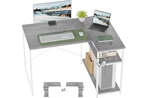 TRIUMPHKEY Scrivania ad Angolo Reversibile 110 x 80cm, Scrivania a Forma di L con Ripiani,Tavolo da Lavoro,Struttura in Acciaio, per Computer, Ufficio, Studio and Soggiorno, Grigio