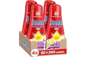 Somat Todo en 1 Gel Lima Limón (4 x 60 lavados), detergente lavavajillas líquido para vajilla, gel lavavajillas eficaz en ciclos eco y cortos, limpia profundamente