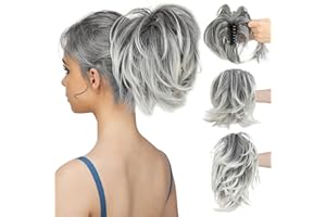 CJL HAIR Claw Clip Short Ponytail Hair Extensions DIY Bendable Metals Messy Bun Hair Piece for Wonen Straight Synthetic Fake Hairpieces Salt and Pepper