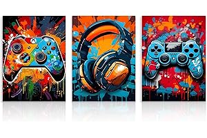 Dazzlewall Lot de 3 impressions d'art mural de jeu graffiti avec casque d'écouteurs, affiches vidéo cool pour chambre d'adolescent, garçon, dortoir, décoration de salle de jeux, 30,5 x 40,6 cm, sans