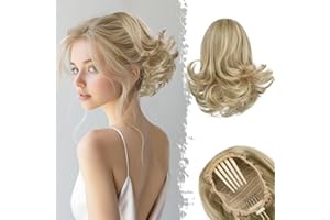 ‎BARSDAR BARSDAR Kurzes Ponytail Extension Blond, 25cm Wellige Pferdeschwanz Haarteil mit Kordelzug Haarverlängerung für Damen Synthetisch Comb Clip in Haarteile Pferdeschwanz - Helles Aschblond mit Highlights