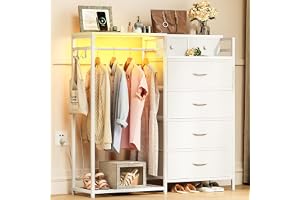 Coleshome 3-i-1 sovrumsbyrå, med 2 USB-portar, 2 uttag och LED, 4 tyglådor, 2 smyckeskrin, byrå med galgar och skohyllor