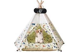 Whiwhi Pets Teepee Cats Tent Removable and Washable Dog Teepee Cotton Canvas Portable Pet Tents with Cushions Dog/Cat Bed Play House 60x60x70cm